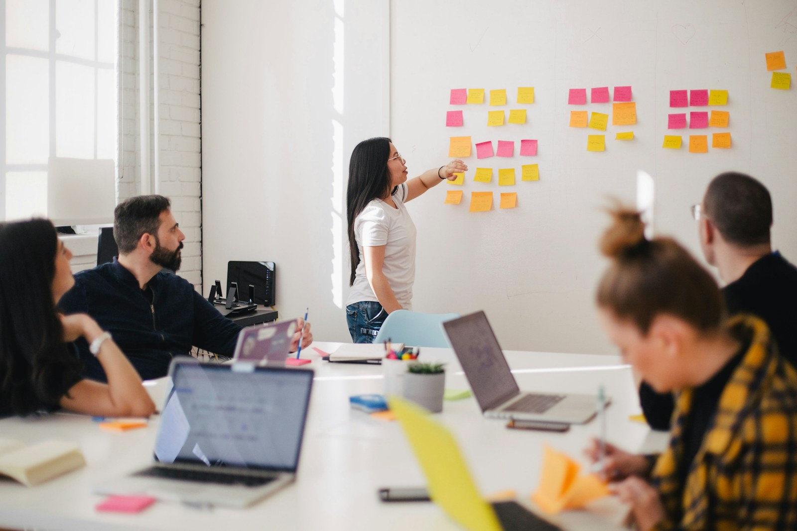 A team working through evidence and performance measures on a wall
